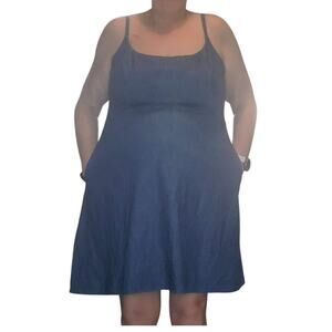 Old Navy Chambray Mini Dress XXL (XL) Smocked Back Pockets Swing Denim Cotton
